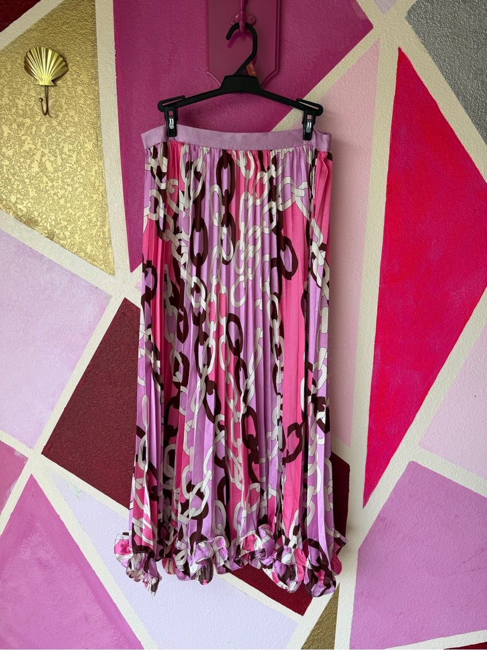 Good Times Pink Chain Print Pleated Maxi Skirt sz 1XL